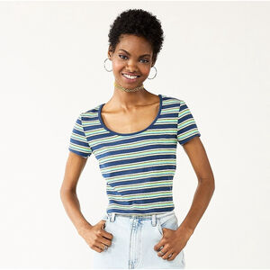 SO Junior's Striped Cropped Tee Top Women's XXL Navy White Yellow Teal Blue NWT